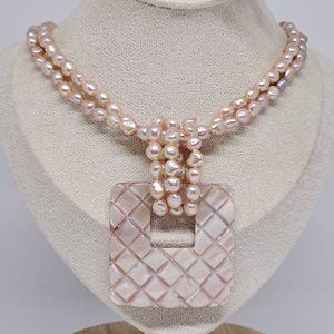 Blush Beige Baroque Pearl Beaded Choker Necklace w Mother of Pearl Pendant 925